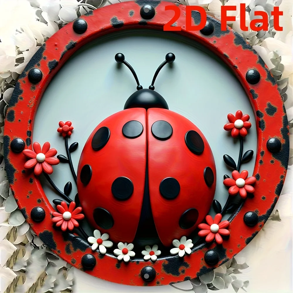 【2D Flat】 2D Flat, 1pc Ladybug Wreath Wall Sign - Red & White Iron Round Outdoor/ Decoration with Ladybugs, Easy Install Pre-Dri