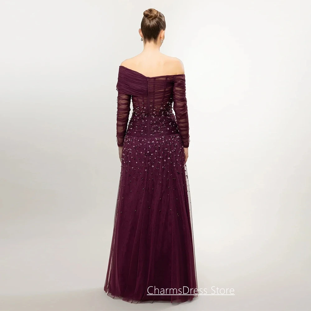 Customized Evening Dress Fashion Boat Neck Long Sleeves Top See Through Ruched Beading Sequined Tulle Arab Prom Gown