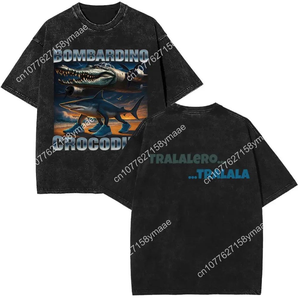 Washed Men Tung Tung Tung Sahur Baseball Bat T Shirt Tralalero Tralala Shark T-shirts Bombardiro Crocodilo Plane Bomber T Shirts