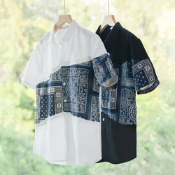 324 Summer Fashion Men's 100% Cotton Shirts Vintage Print Patchwork Short Sleeve Chic Asymmetrical Casual All-match Blouse Male