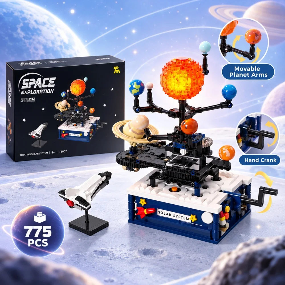 DIY Technical Rotating Solar System Globe Blocks, Gear Linkage Cosmic Space Exploration Model, Science Educational Gift