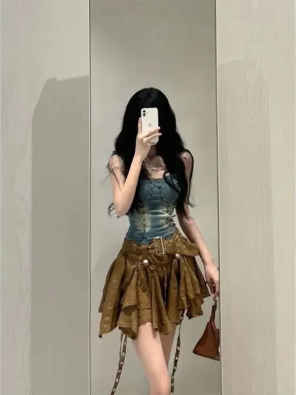 New Style Fashion Heavy Slim Fit Denim Camisole Vest High Waist Irregular Ruched Skirts 2024 Spring New Two Piece Sets