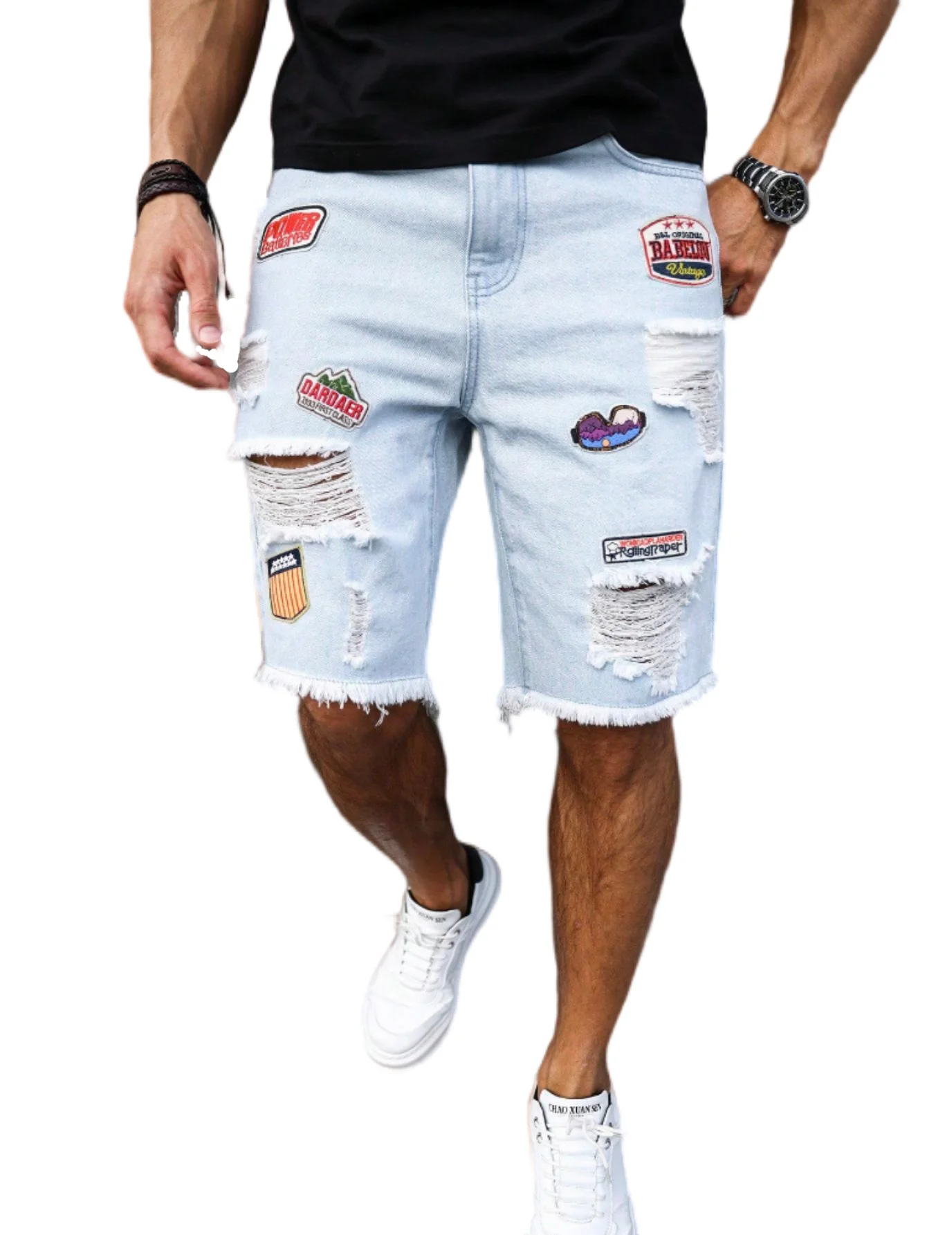 

GELITAYIN Men's Light Blue Ripped Denim Shorts With Patches For Summer. Frayed Edge Design, Showcasing Street - Style And A Casu