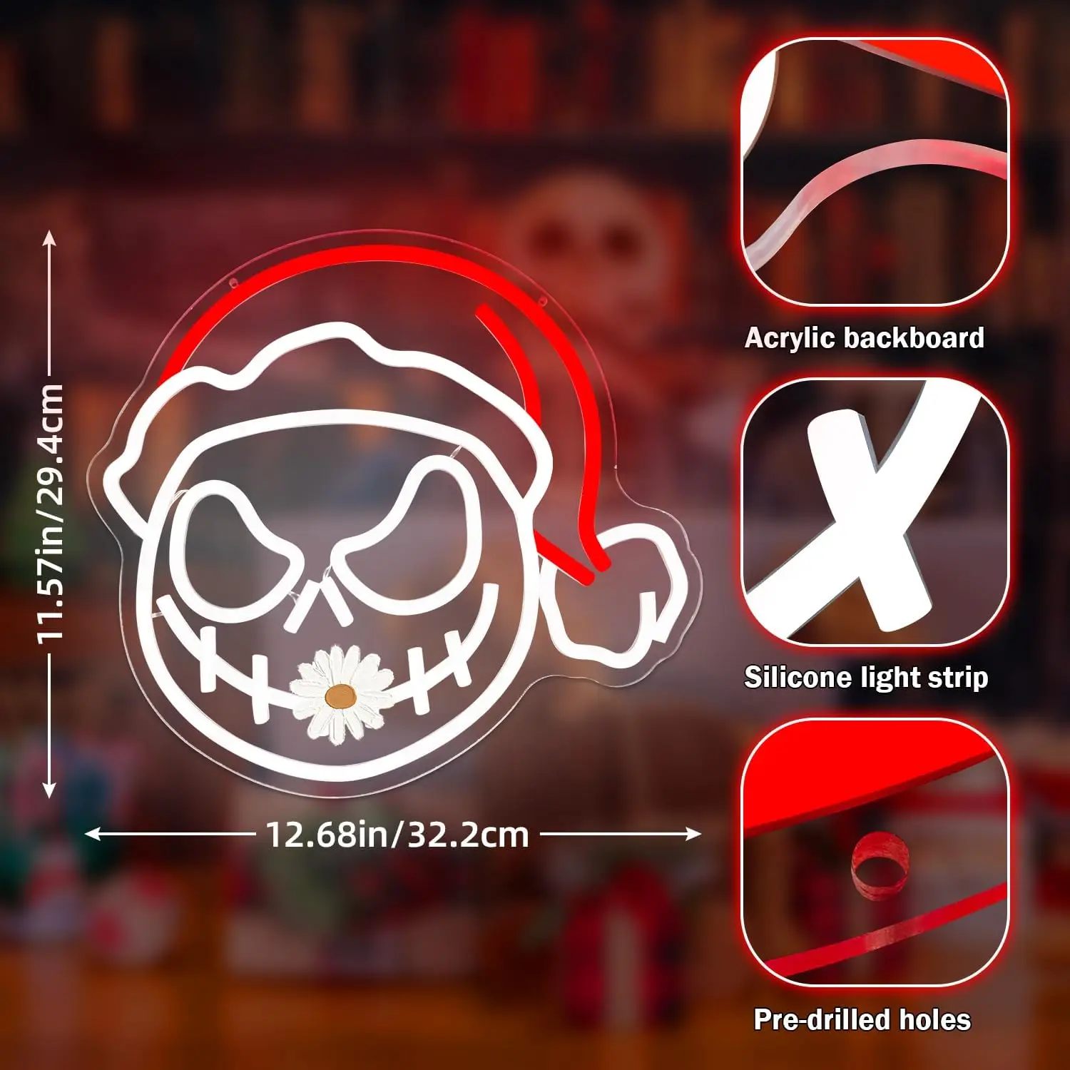 Christmas Skull  LED Neon Sign USB Dimmable Neon Light Sign for Gameroom Bedroom Bar Livingroom Birthday Party Gift Wall Decor