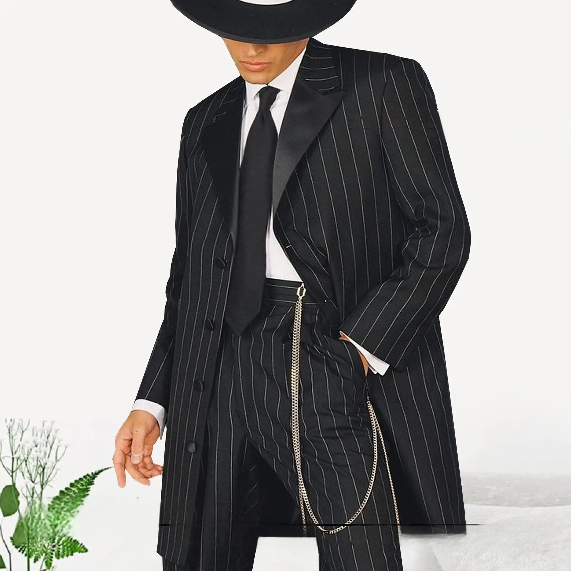 

Handsome Black Striped Men Suits Long Blazer Pants Sets Formal Pinstripe Peaked Lapel Tuxedos for Business Party Costume