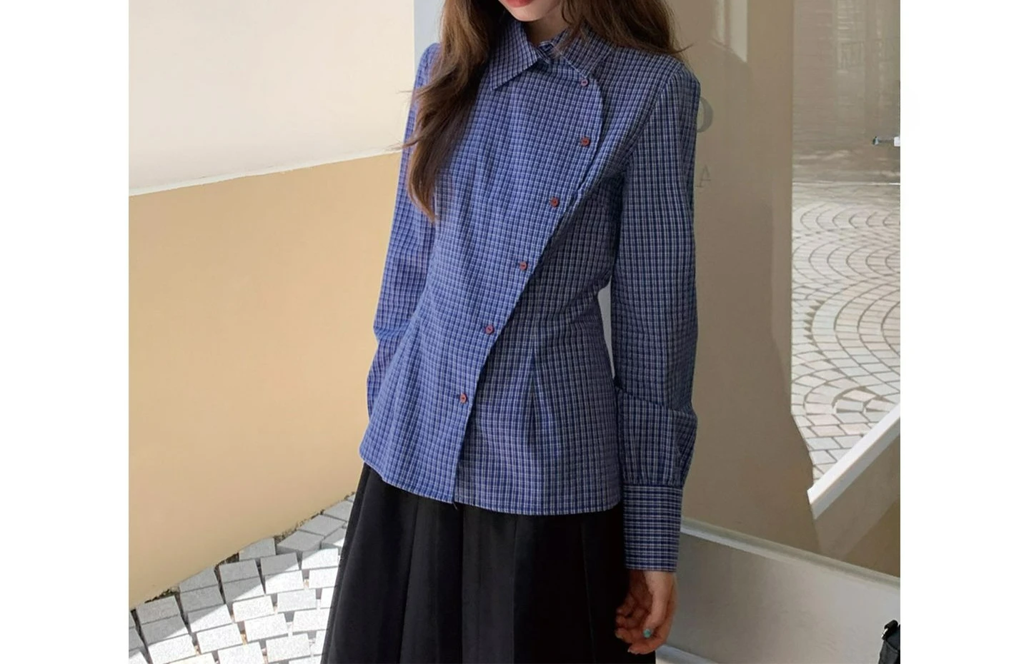 

Black Skirt Basic Versatile Medium and Long Skirt College Style Blue Grid Shirt Set