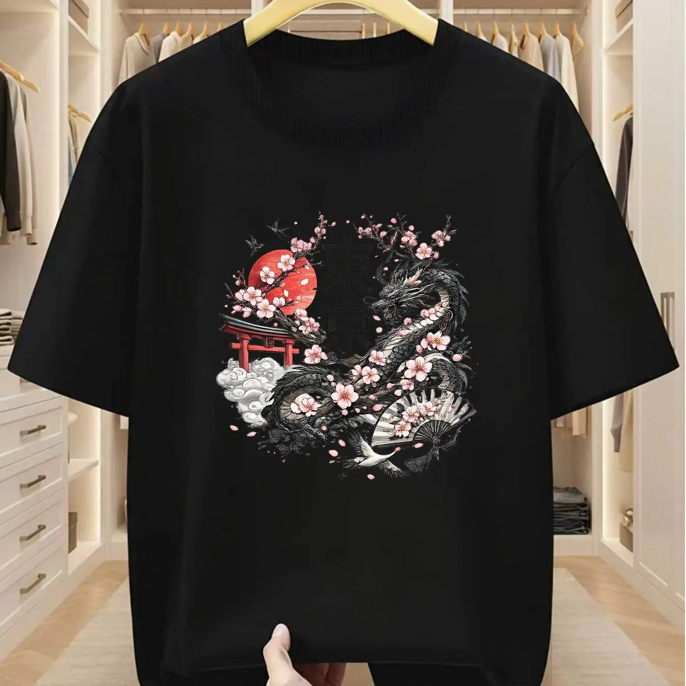 Japanese Dragon Tokyo Cherry Blossom Torii Gate Red Sun Graphic T-shirt Vintage Harajuku Unisex Black Cotton Oversized Tee
