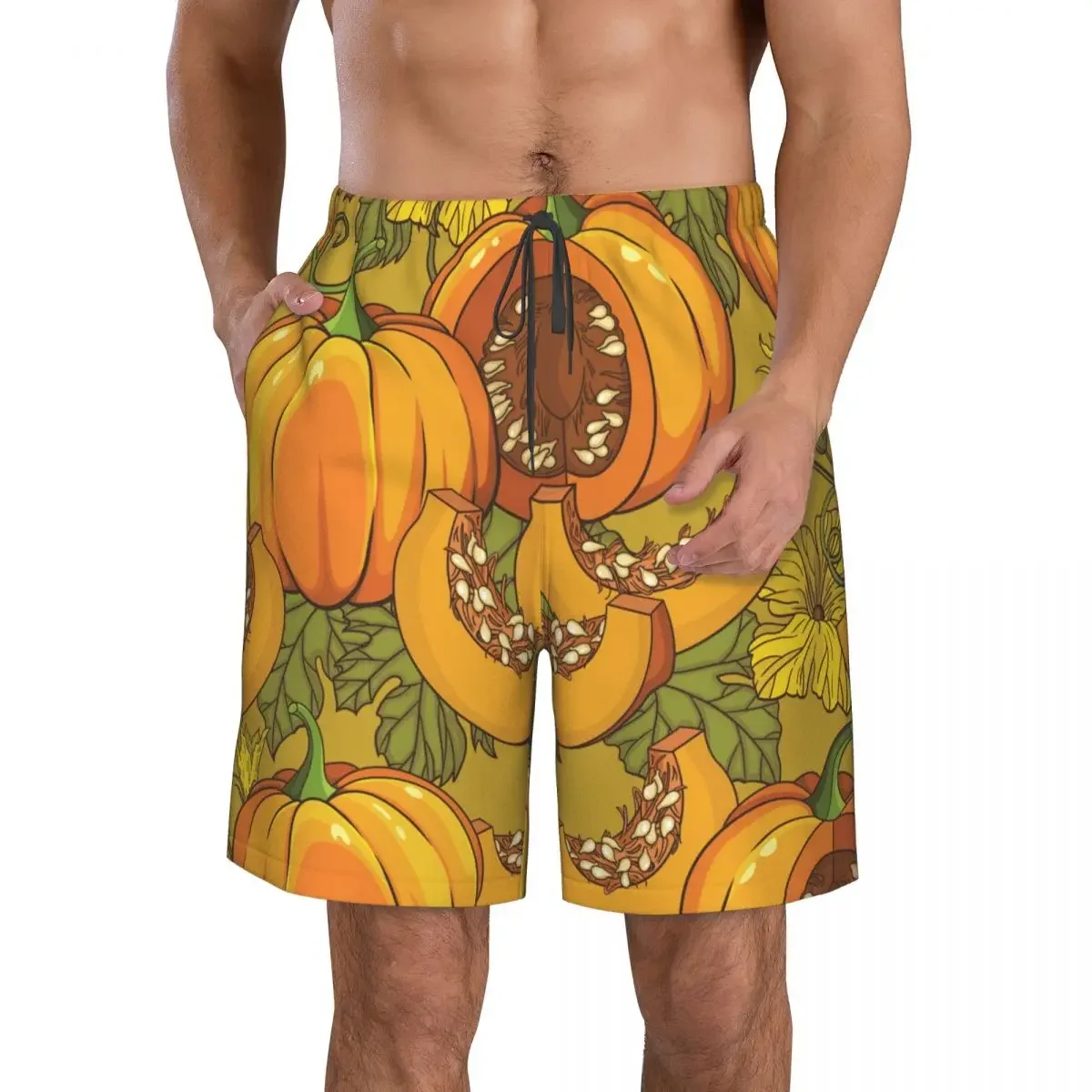 Men's Beach Short Swim Shorts Botanical Pumpkins Flowers And Leaves Surfing Sport Board Shorts Swimwear