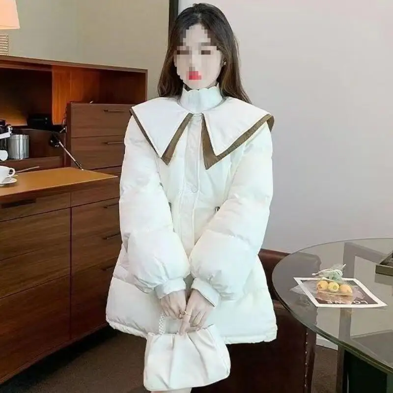 Hot 2026 Winter New Fashion Academy Style Cute Doll Neck Design Color Blocked Casual Loose Soft Comfortable Warm Cotton Clothes