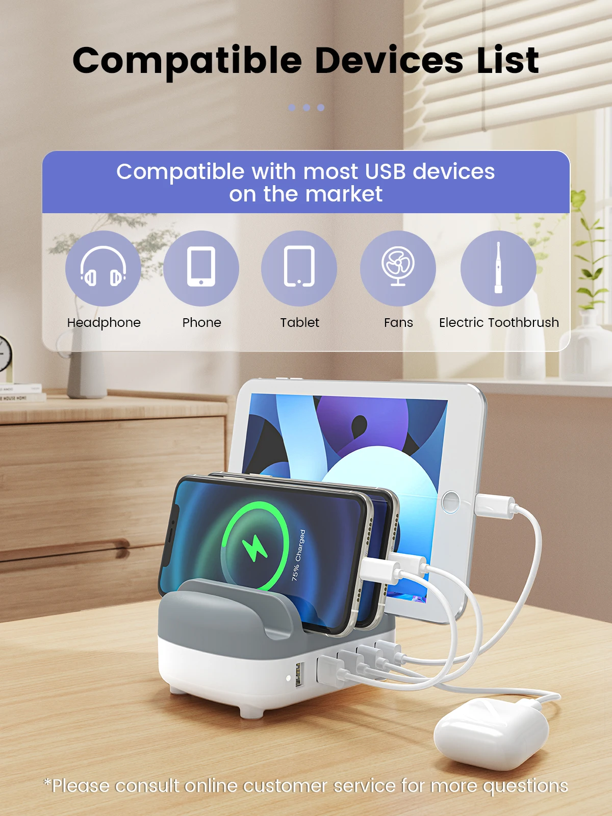 ORICO 5 Ports USB Charging Station Dock with Holder 40W 5V2.4A USB Charging Free USB Cable for iPhone PC Tablet