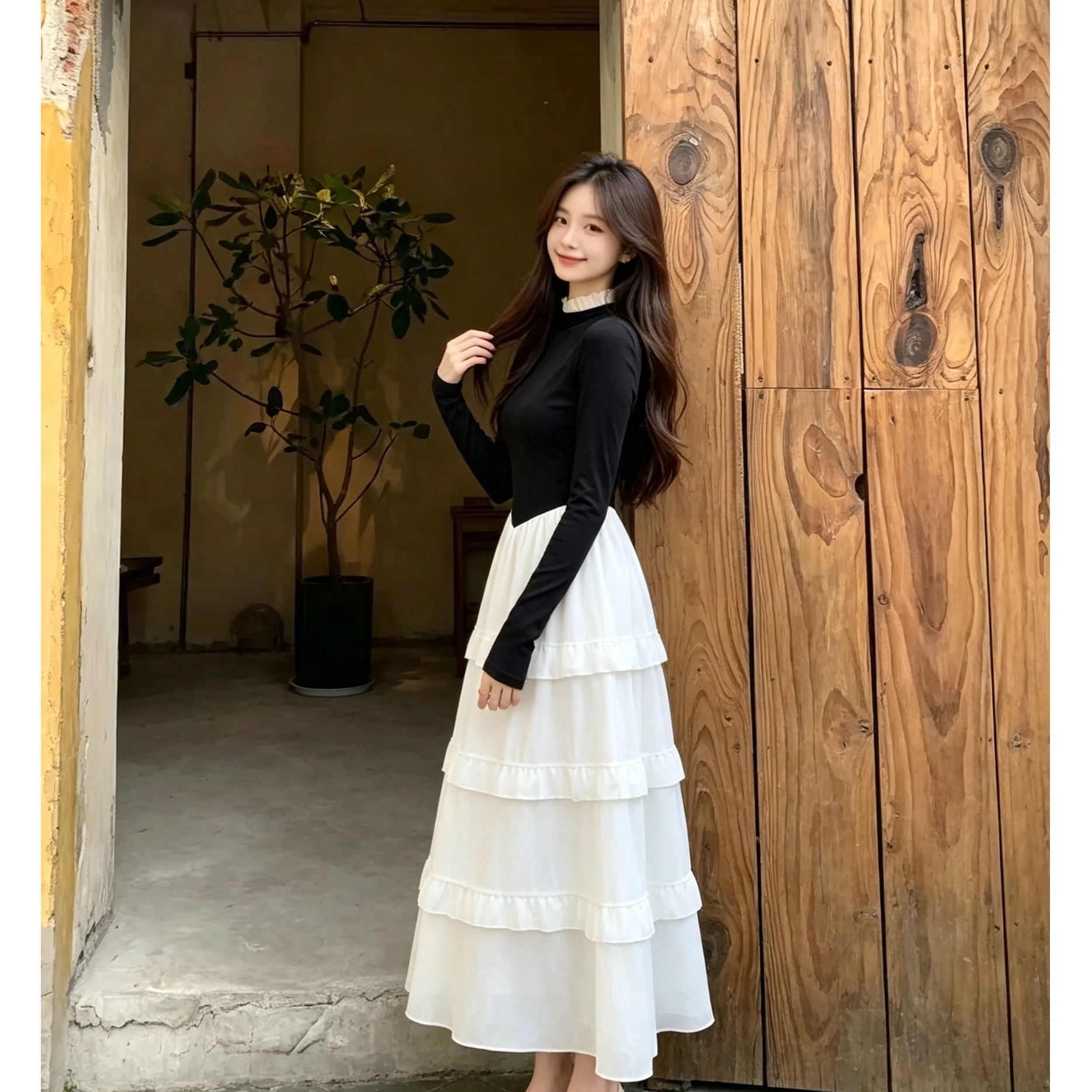 Korean Style Color Block Long Sleeve Fake Two-Piece Dress with Wood Grain Ruffle And Lace  High Waist A-Line Skirt