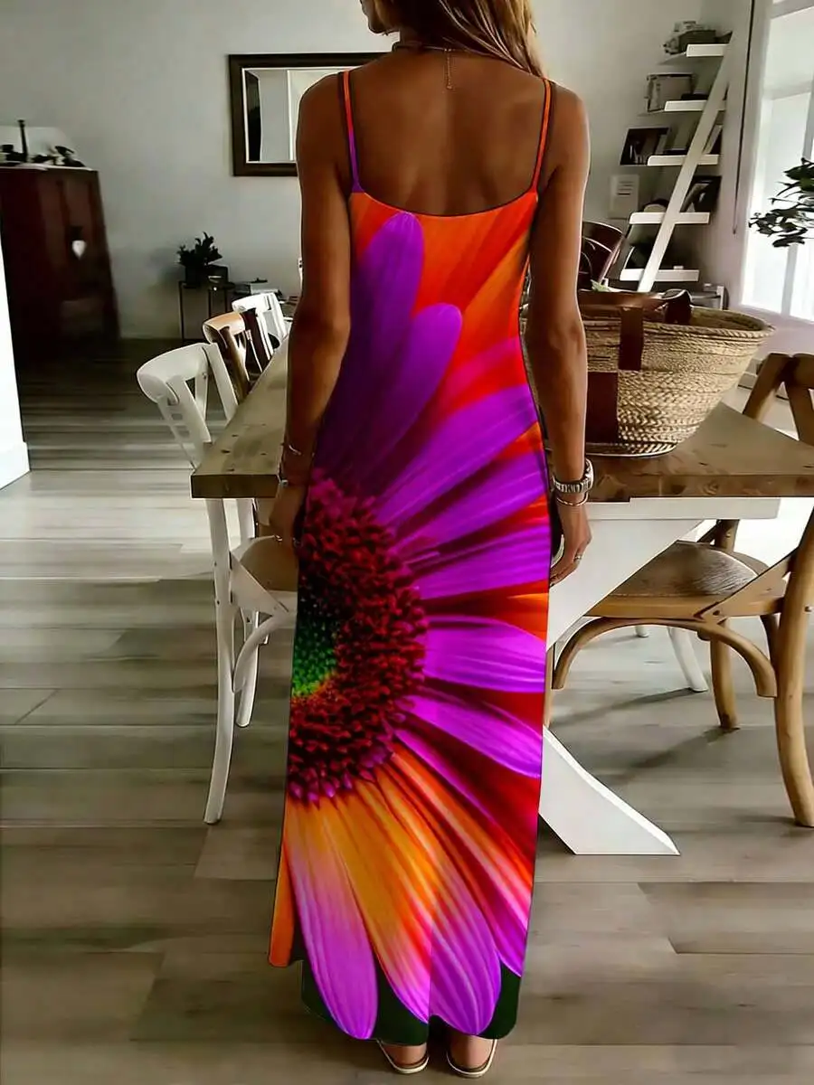 

Colorful Daisy Print Sleeveless Maxi Dress For Women Summer Beach Vacation Casual Wear