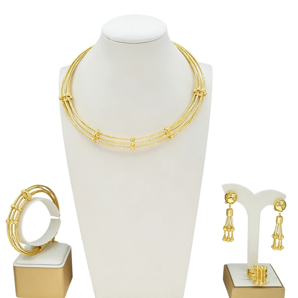 Brazil Gold Plated Jewelry Set 4pcs Multi‑Layer Choker Necklace Bracelet Ring Earrings African Women Wedding Party Jewelry Gift