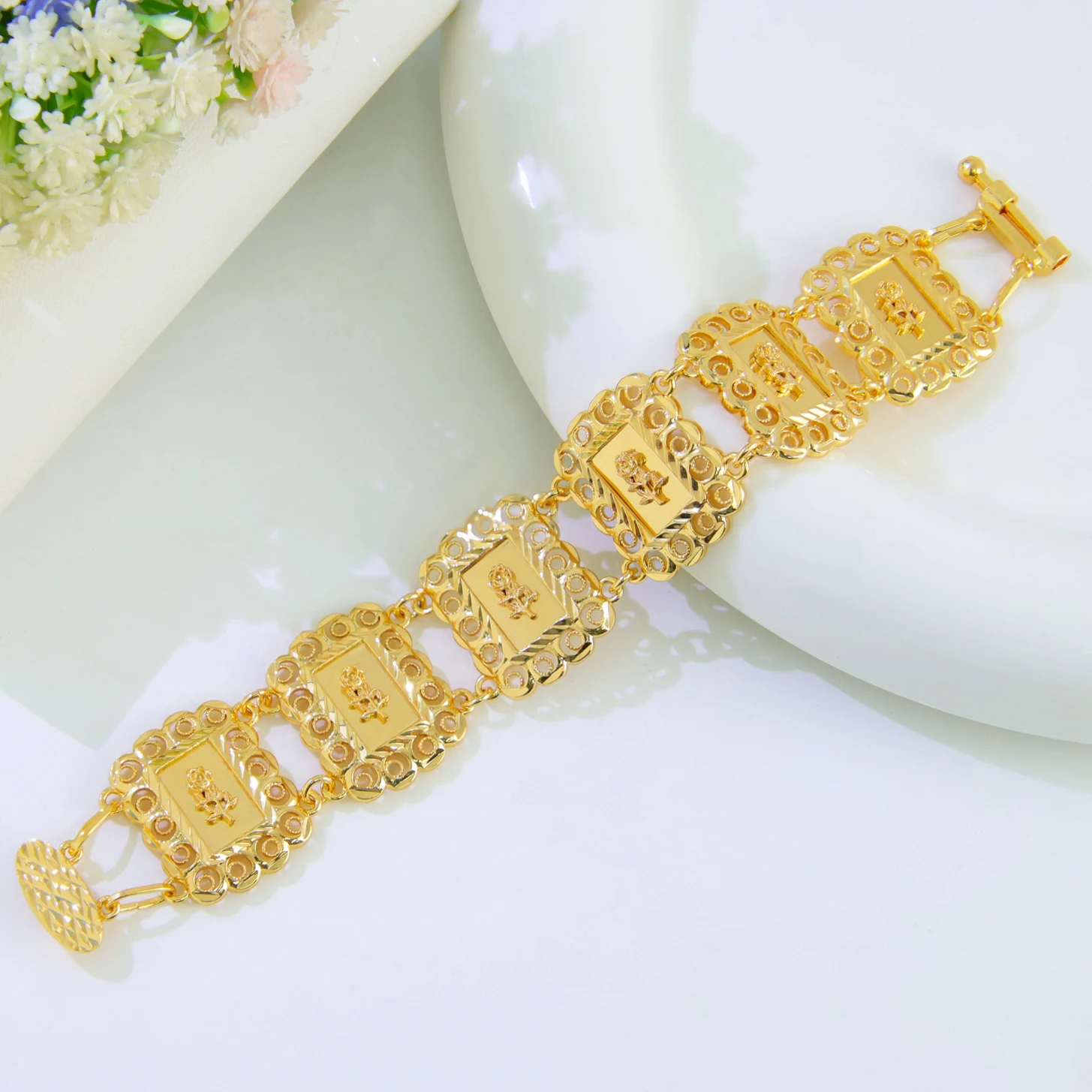Luxus Saudi vergoldet Armband 21k Gold Farbe italienische Mode Manschette Armreifen Oman islamische Frauen Event Party Schmuck – Detail 7