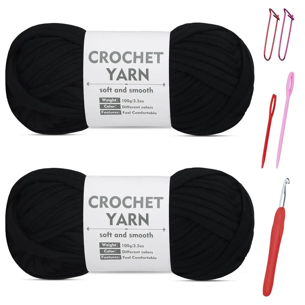 

Набор из 2-х упаковок пряжи для футболок, черная пряжа для вязания крючком, набор пряжи для вязания футболок, хлопковая пряжа-лента, пряжа для вязания