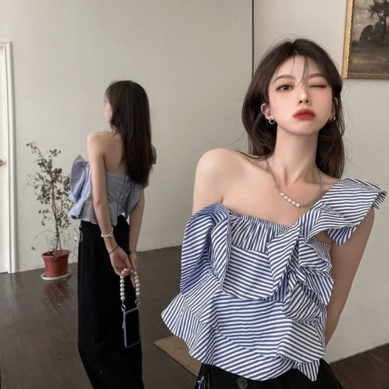 

Irregular Off Shoulder Striped Tops Tees Summer New Pleated Patchwork Slim Y2K Short T Shirts Sexy Trend Fashion Women Clothing