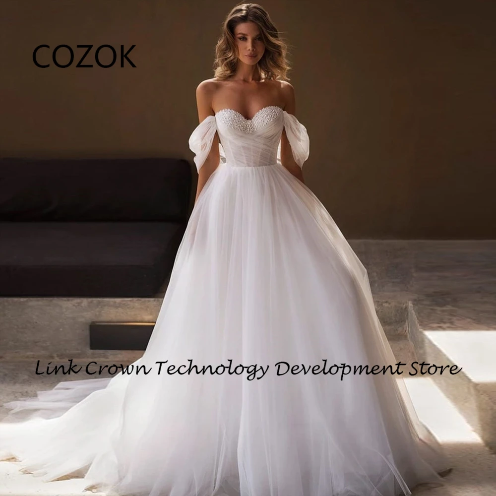 

COZOK Off Shoulder Strapless Bridal Gowns for Women New 2024 Summer Soft Tulle Beading Bridal Gowns Pleat Vestidos De Novia