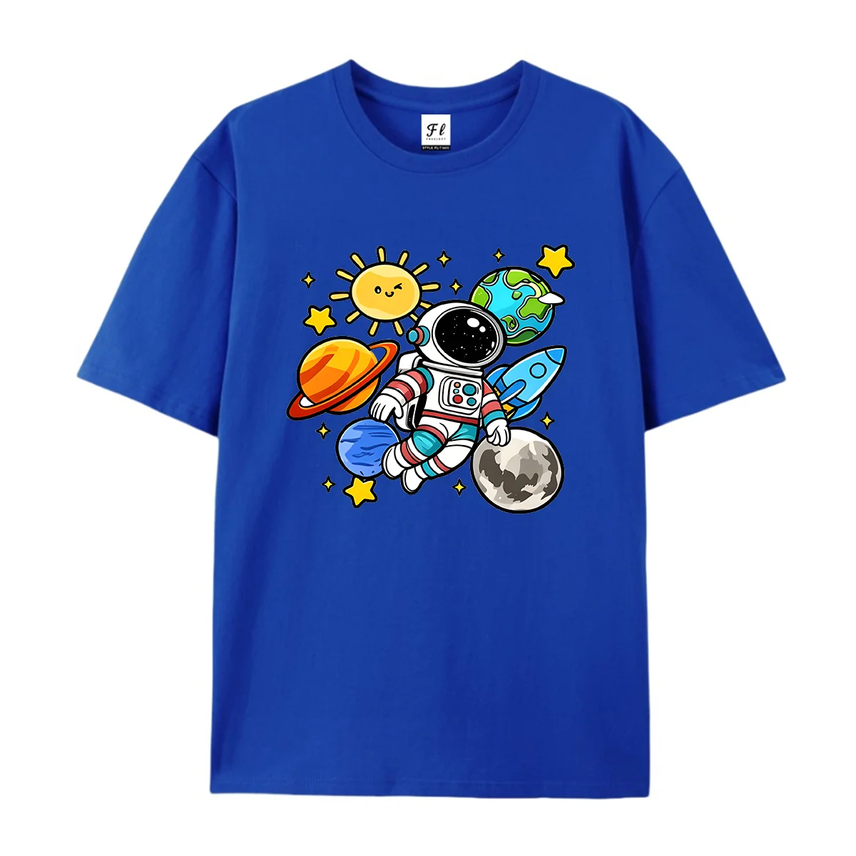 Men Cartoon Astronaut Space Planet Graphic T Shirt Summer Short Sleeve Round Neck Casual Cotton Tees Outdoor Streetwear Tops