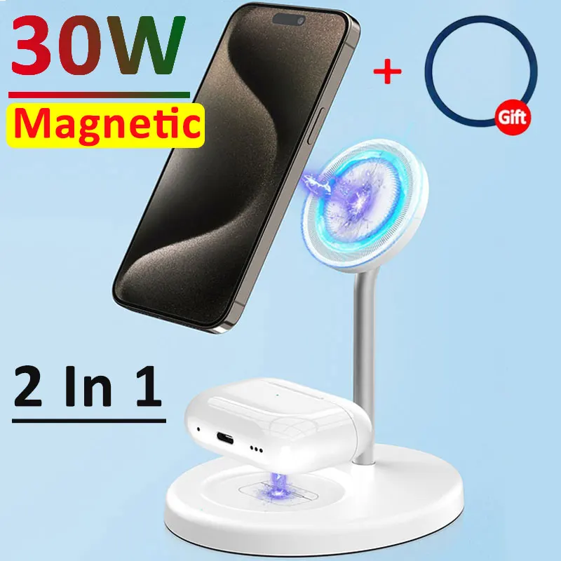 30W Magnetic Wireless Charger Stand 2 in 1 Fast Chargers For iPhone 15 14 13 12 Pro Max Airpods Macsafe Charging Dock Station