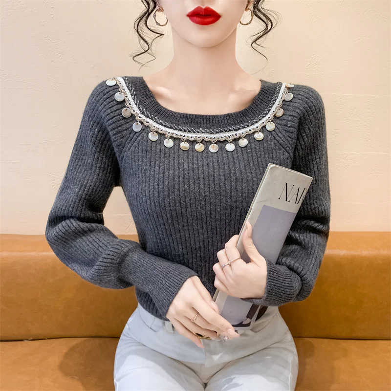 

Ретро Heavy Embellied Long Sve вязаный свитер женский осенне-зимний внутренний свитер Base irt универсальный топ для похудения