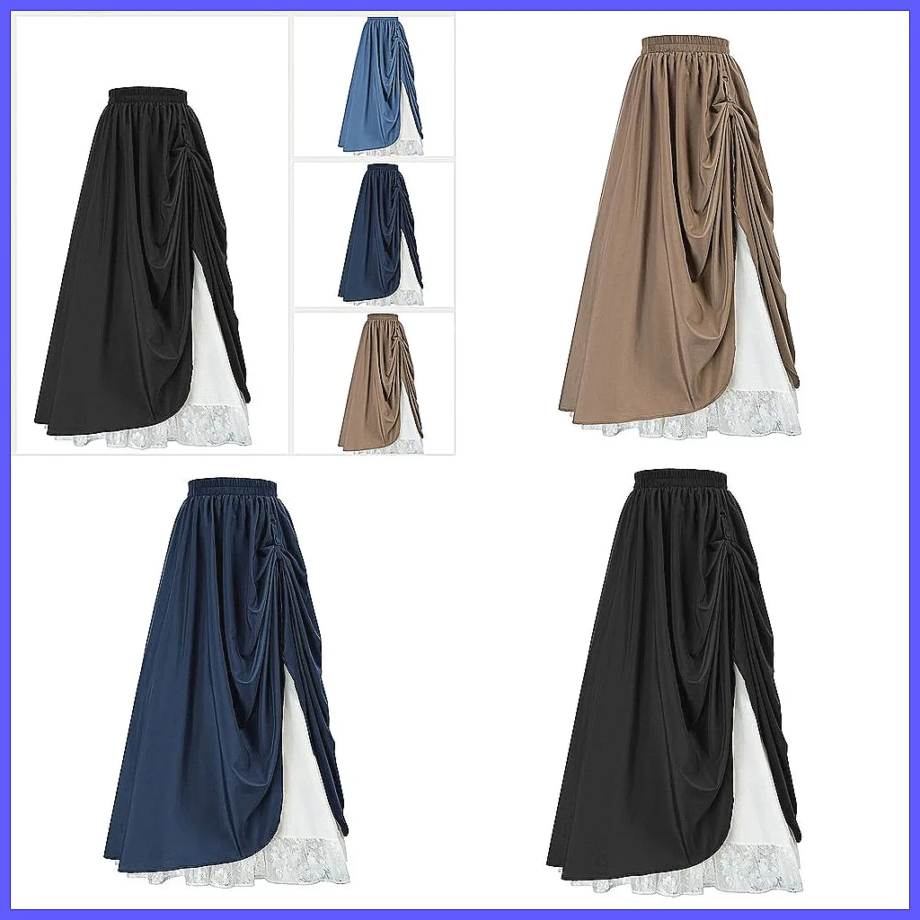 

Women's Retro High Waist Maxi Skirt - Boho Chiffon A-Line Long Skirt with Lace & Drawstring
