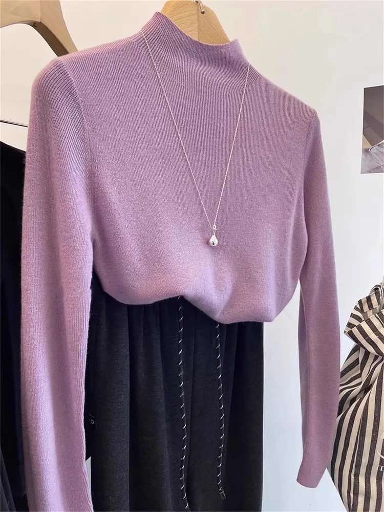 

Фиолетовый вязаный облегающий свитер Camere с высоким воротником, женский осенне-зимний мягкий уютный внутренний свитер, топ