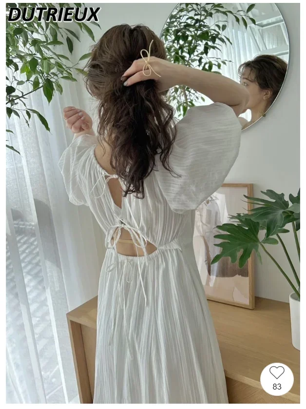 Summer New Back Lace-up Cutout Waist-Tight Slim Fit Sweet Girls Maxi Dress Puff Short Sleeve Vacation Long Dresses for Women