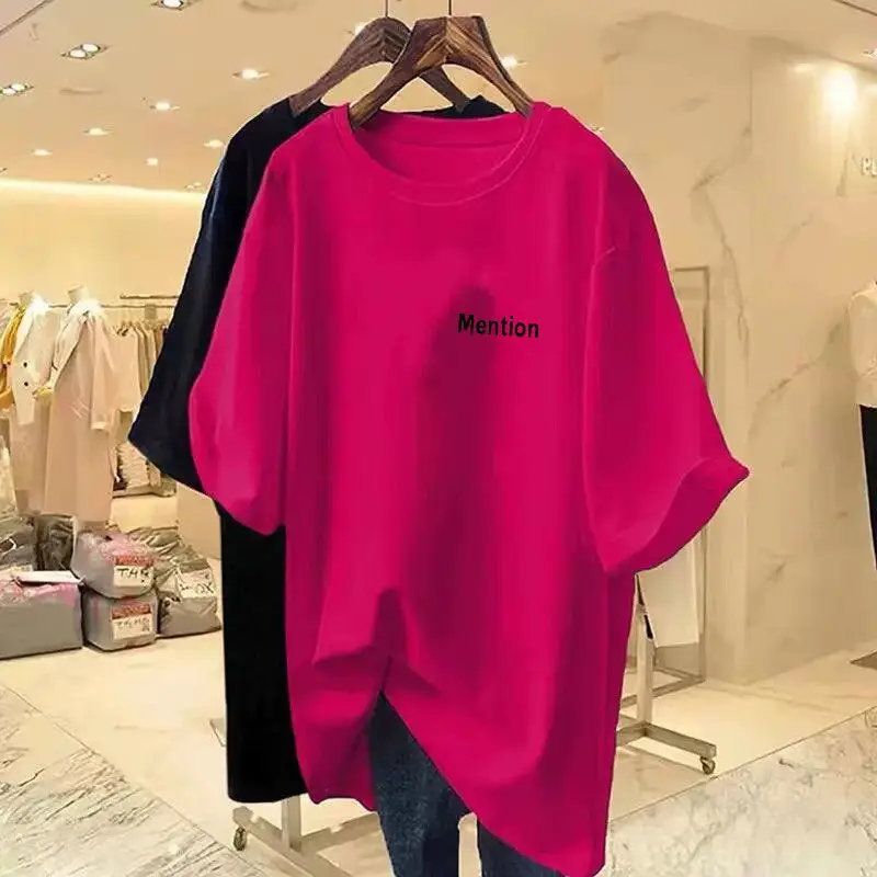 Women Clothing Chic Letter Printing Basic T-shirts Summer Casual Pure Cotton Short Sleeve Top Tee Office Lady Pullover 45-105Kg