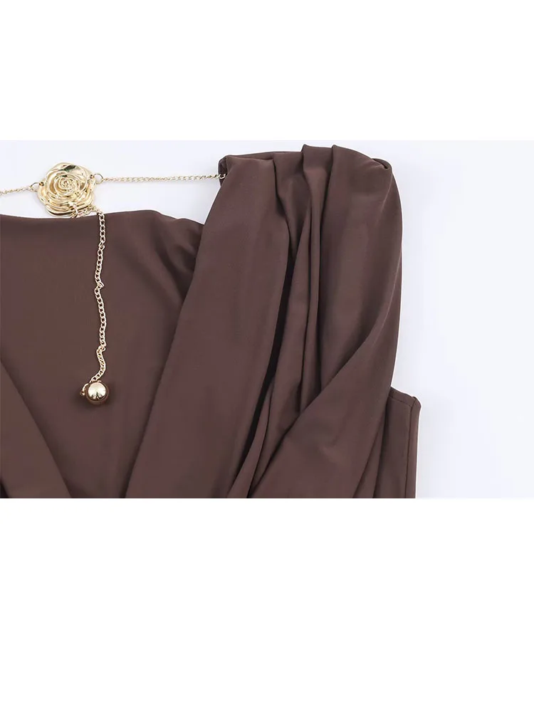 Hh nova mulher primavera moda em torno do pescoço sem mangas sexy sem costas corrente plissado decoração vestido longo feminino elegante vestido de festa