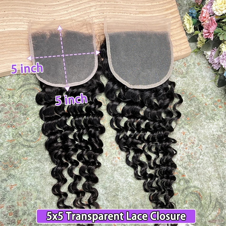 5x5 Transparent Lace Closure Deep Curly Invisible Preplucked Bleached Knots Lace Natural Color Unprocessed Raw Virgin Human Hair