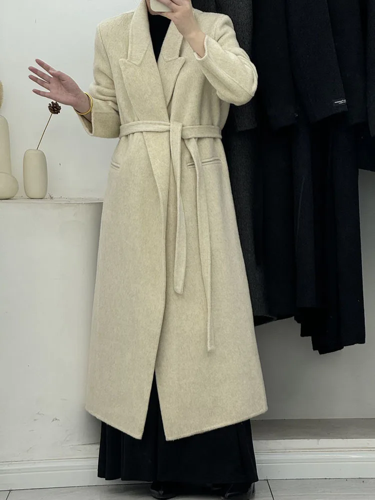 DEAT Fashion Women's Double-side Woolen Coat Lapel Loose Long Sleeve Sashes Solid Color Blends Overcoat Winter 2024 New 7AB5357