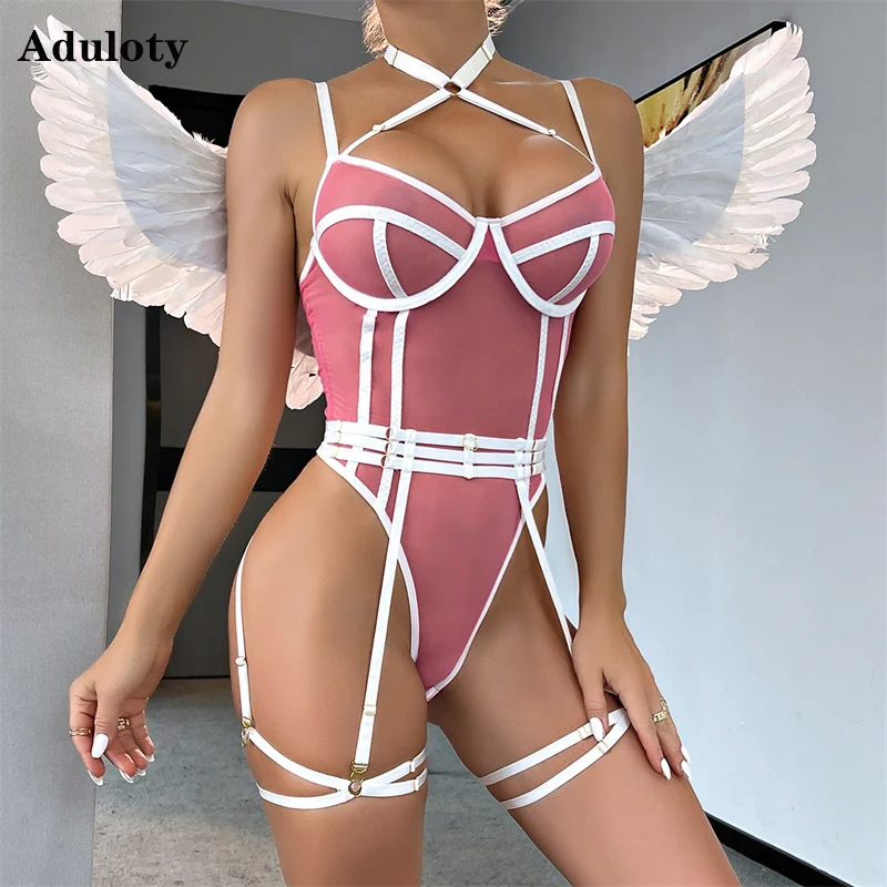 

Aduloty Women Sexy Bodysuit Mesh Splice Perspective Thin Summer Underwear Hanging Neck Strap Bra Erotic Lingerie Two Piece Set