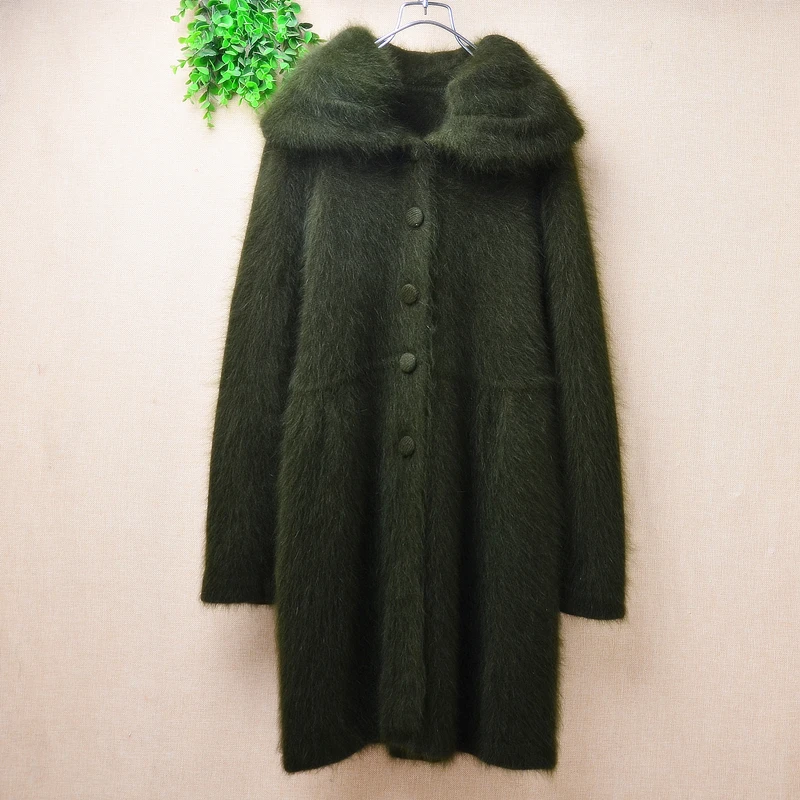 

Female Women Fall Winter Clothing Green Hairy Mink Cashmere Knitted Turn-Down Neck Long Sleeves Slim Long Sweater Cardigans Coat