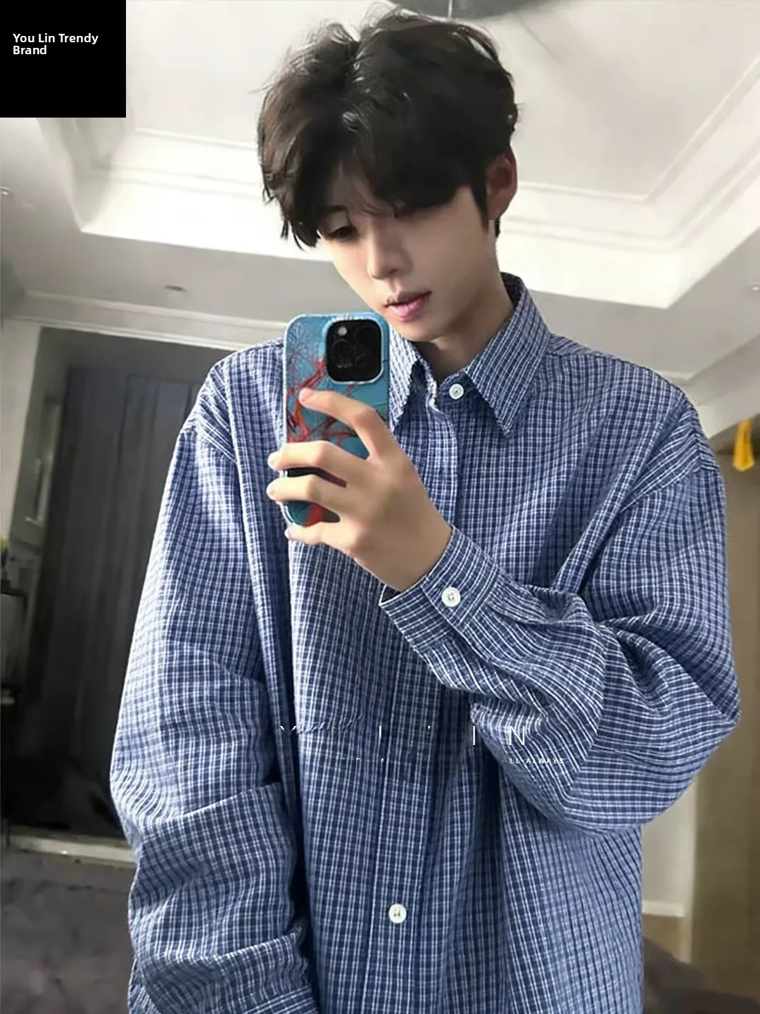 

Синяя клетчатая рубашка с длинным рукавом в корейском стиле, повседневная, весенняя, мужская, модная, с полосатым узором, отложным воротником, верхняя одежда