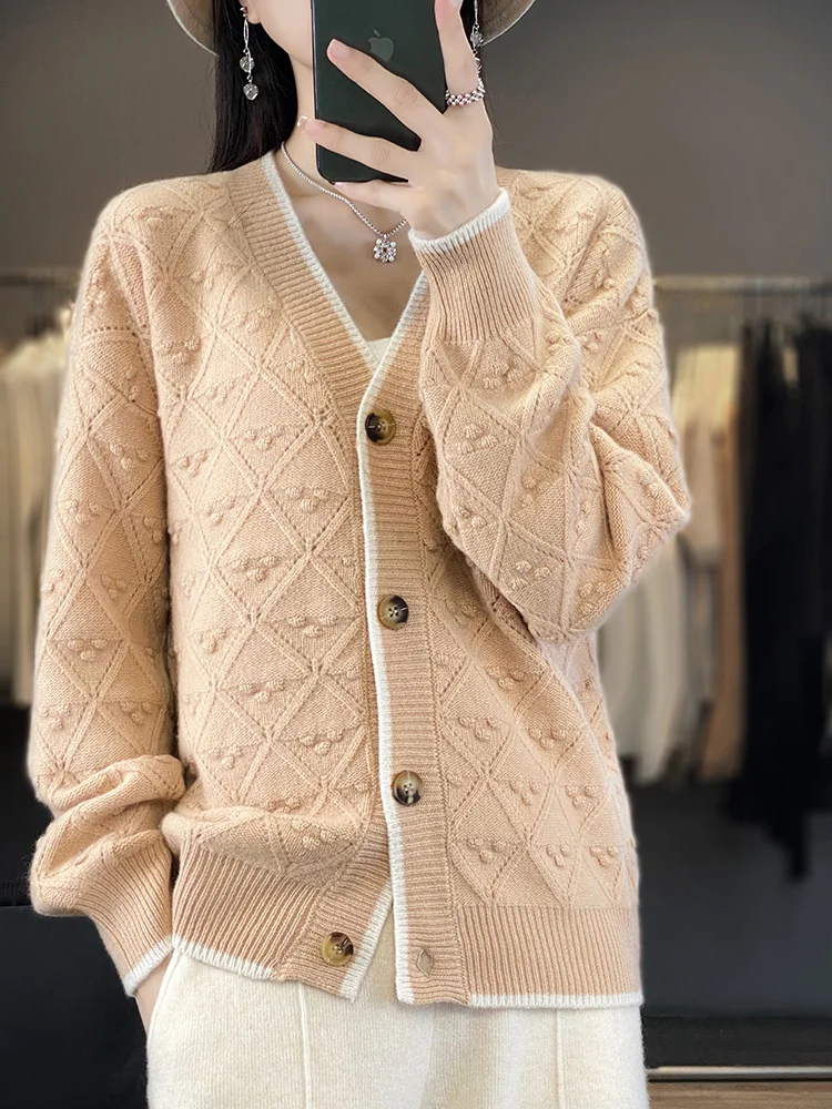 Addonee Women Sweater Autumn Winter Vintage Style Cardigan Hollow Twist 100% Merino Wool V-neck Long Sleeve Thick Knitwear 2023