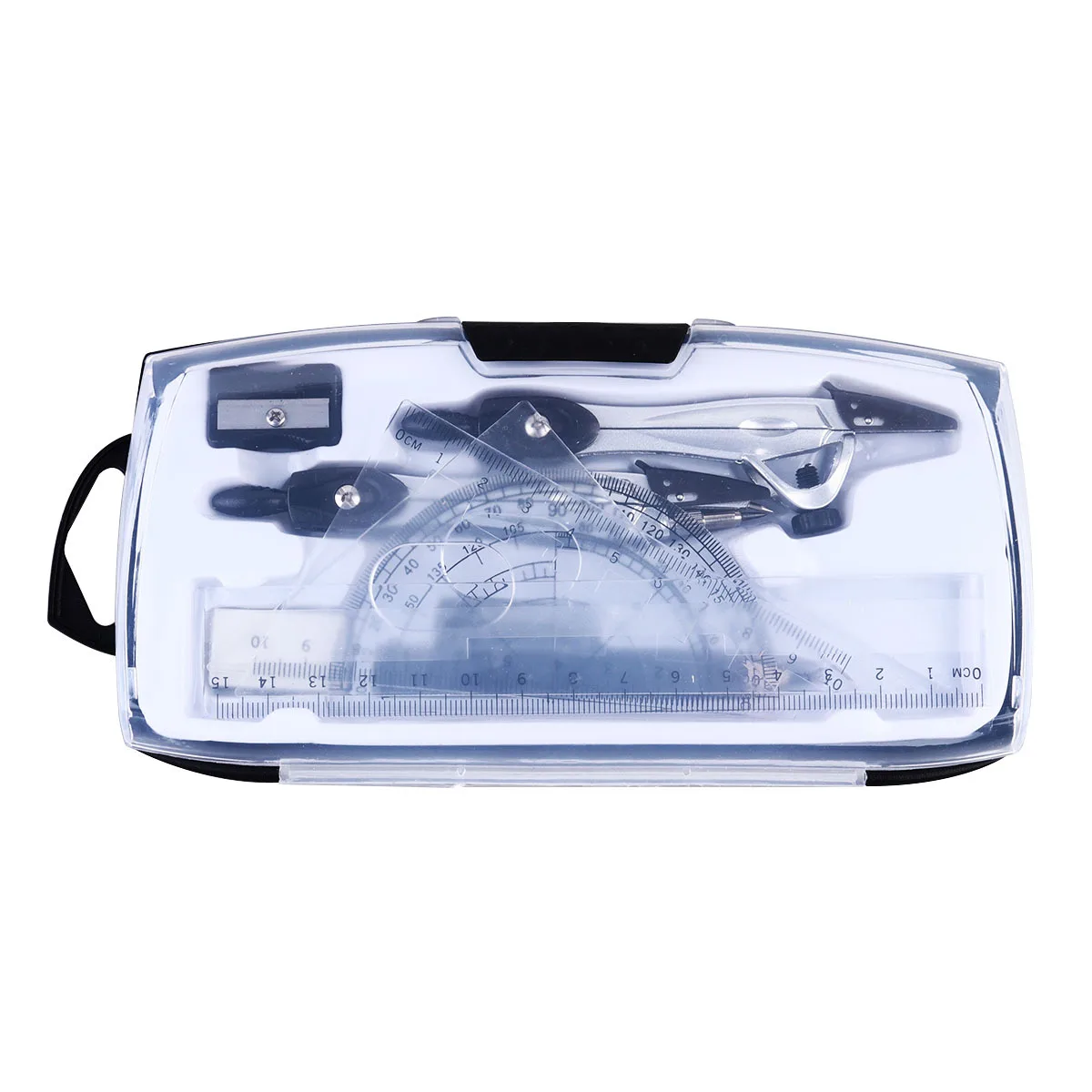 مجموعة أدوات الرسم بوصلة معدنية مسطرة مستقيمة مثلث منقلة قلم رصاص ممحاة مبراة عدة لقرطاسية امتحان الطلاب