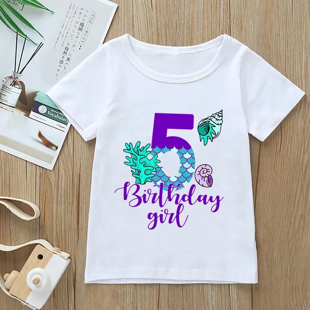 Camiseta de cumpleaños para niñas de 1 a 9 años, Camiseta con estampado gráfico de sirena, ropa para niños, camisetas, ropa Kawaii, Tops