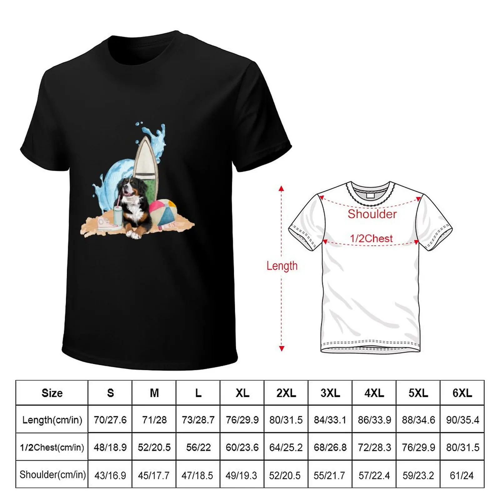 Bernese Mountain Dog: Bernese Mt. Dog with surfboard and waves T-Shirt vintage anime shirt plus sizes vintage t shirt men