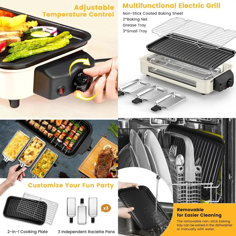 

1500W Dual-Function Smokeless Indoor Grill with Removable Non-stick Plates and Temperature Control, Portable BBQ with 3 Raclette