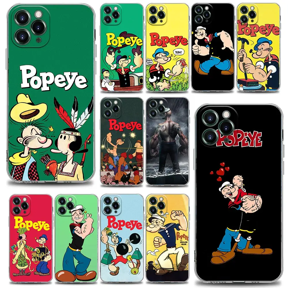 Cute Cartoon Popeye Clear Phone Case for iPhone 13 12 11 SE 2022 X XR XS 8 7 6 6S Pro Mini Max Plus Soft Silicone Case