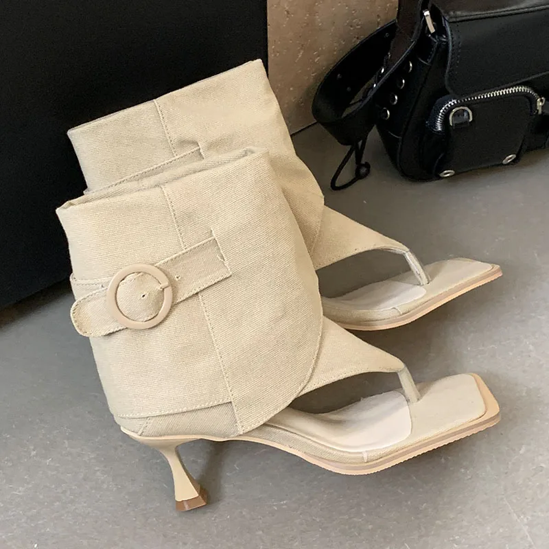 Ladies Short Boots Footwear With 6CM Heels Shoes Female Slip On Shoes Fashion Denim Modern Women Ankle Boots Flip flops