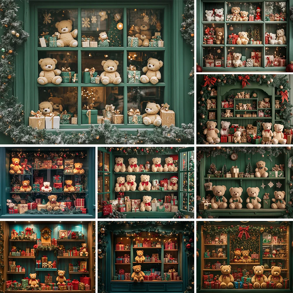 

Photography Background Green Winter Christmas Bear Gift Snowy Xmas Tree Kid Family Portrait Decor Backdrop Photo Studio