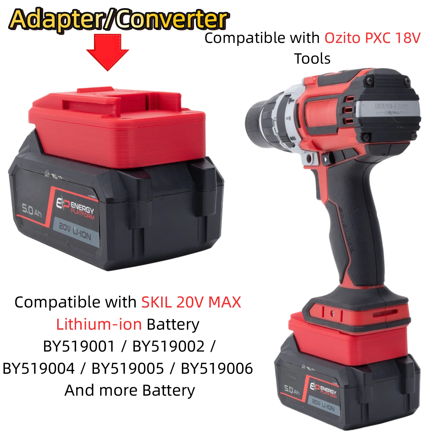 Battery Adapter/Converter for SKIL 20V MAX Lithium-ion Battery TO Ozito PXC 18V Cordless Drill Impact Wrench(Only Adapter)