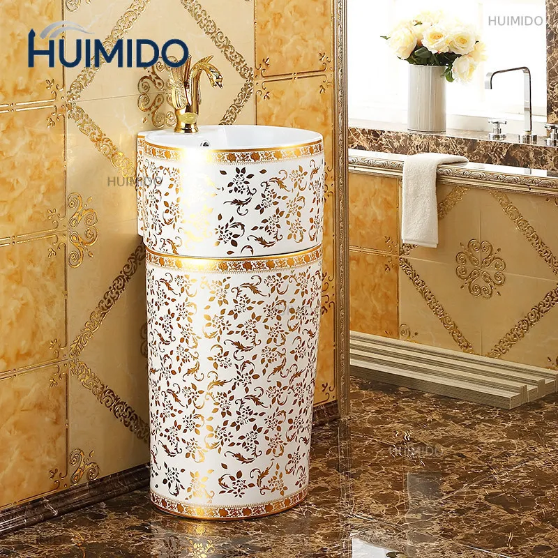 Golden bathroom washbasin, color gold washbasin, high-end round column basin, modern one-piece column basin washbasin