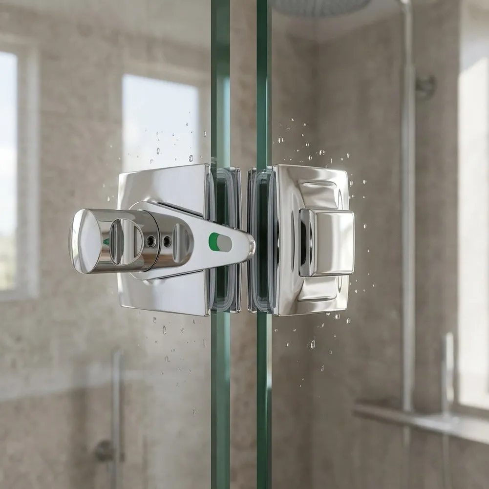 Thumb Turn Keyless Lock for Frameless Glass Shower Doors Zinc Alloy Casing Brass Latch Bolt High Polished Chrome
