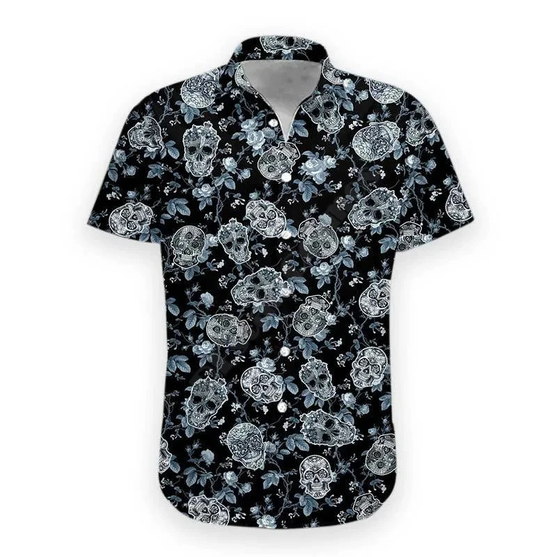 3D Printed Skull Hawaiian Floral Casual Shirt Men\'s Halloween Summer Short Sleeve Lapel Shirt Men\'s Hawaiian Short Sleeve XS-4XL