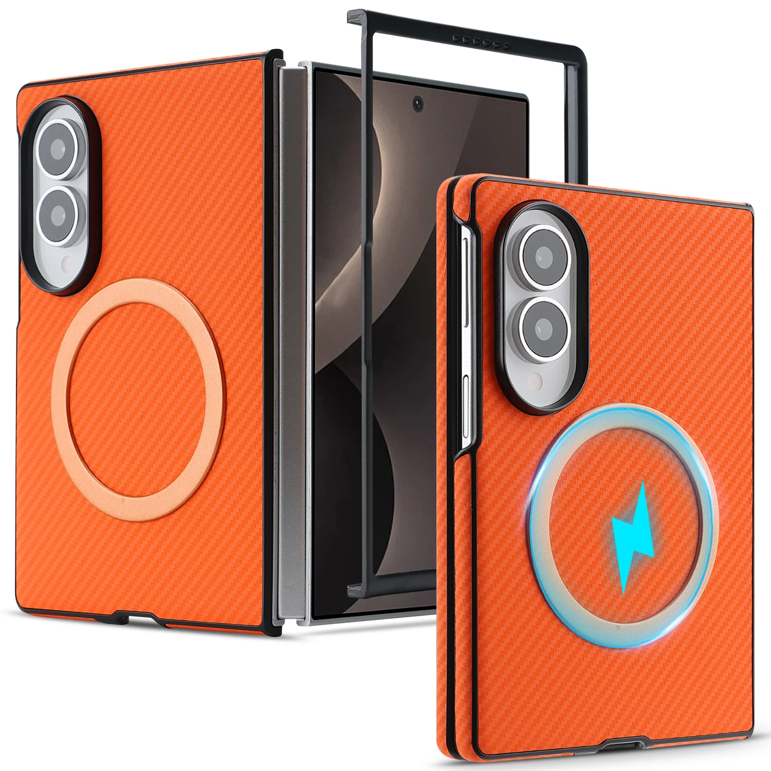 Business Magnetic Carbon Fiber Texture Case for Samsung Galaxy Z Fold 8 Flip 8 7 6 5 4 3 Built-in Front Frame Shockproof Cover