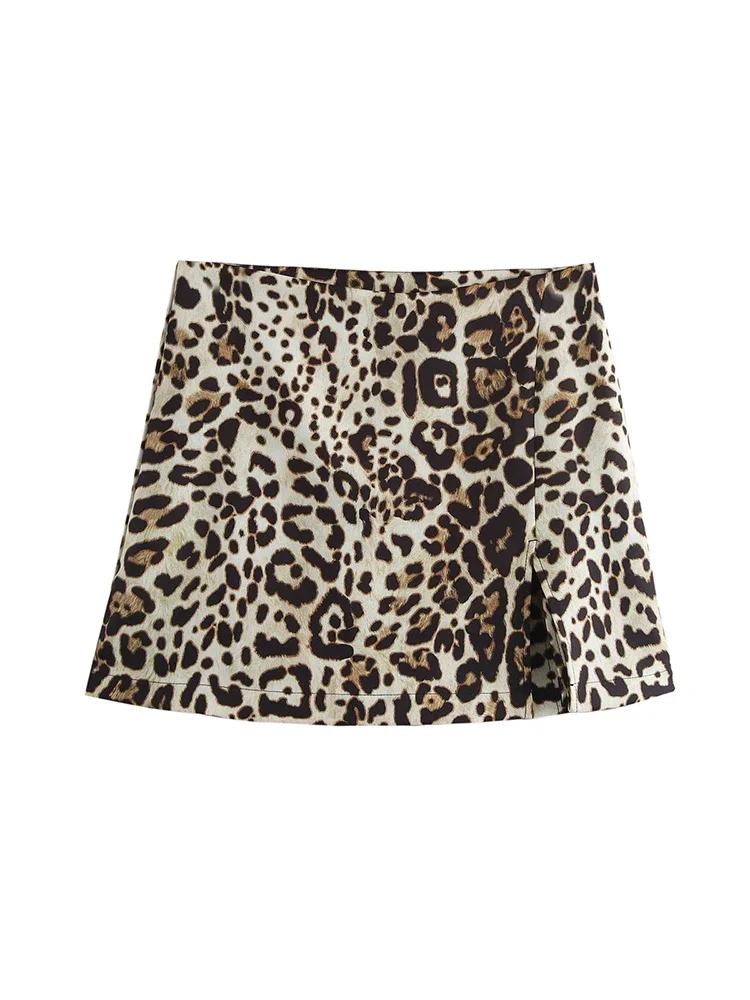 Willshela Women Fashion Leopard Printed Front Slit Side Zipper Mini Skirts Shorts Vintage High Waist Female Chic Lady Shorts