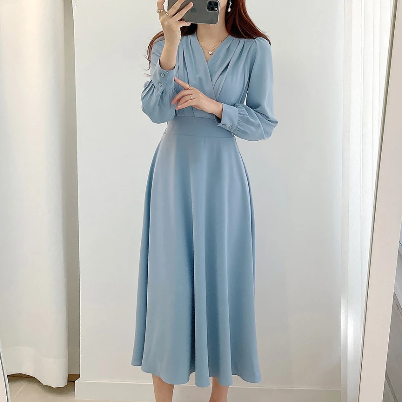 Harajuku V-neck Puff Sleeve A-line Maxi Dresses for Woman Women Solid Color Midi Robe Korean Office Dresses Elegant Spring 2022