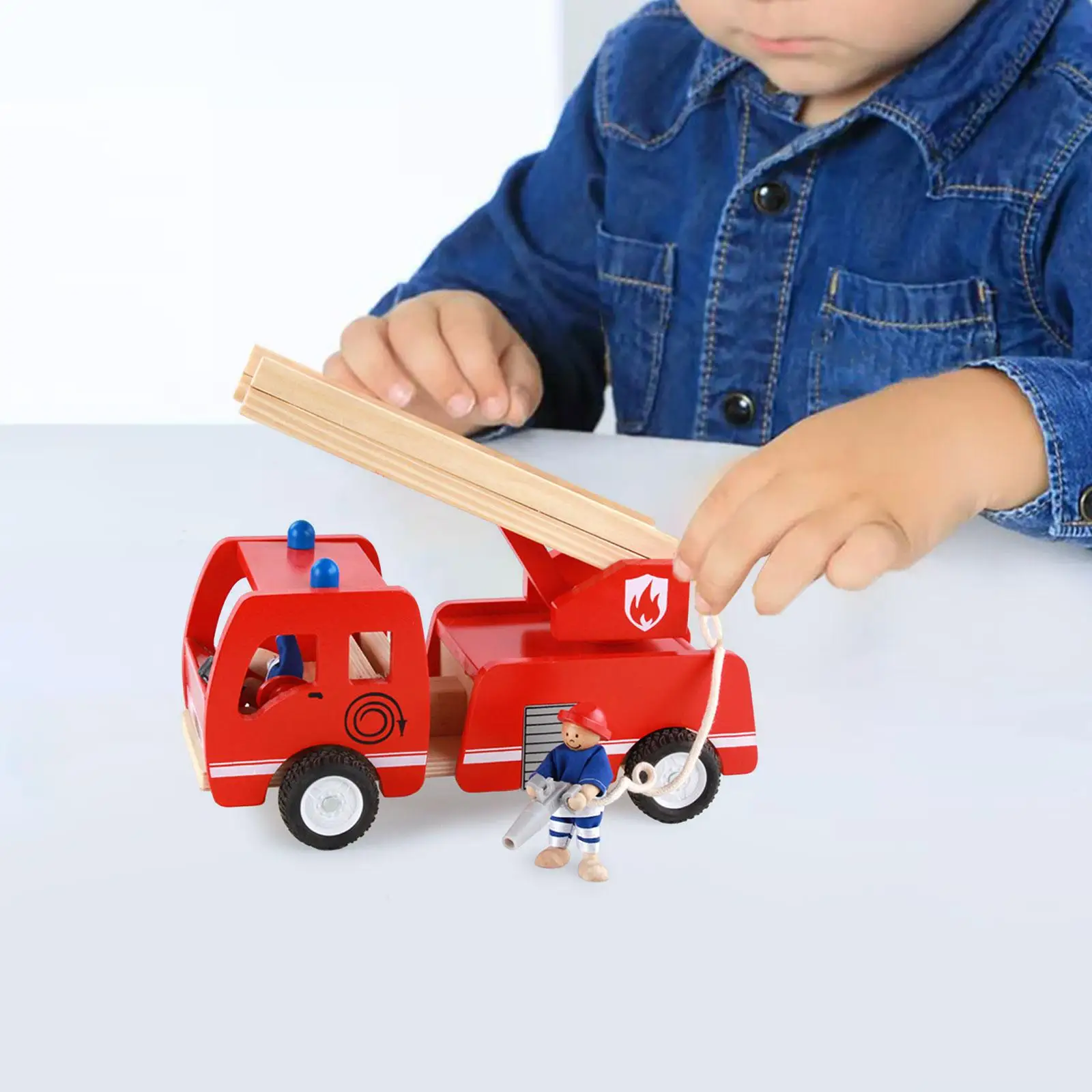 Wooden Fire Truck Toy Fine Motor Skills Educational Movement Simulation with Play Figure Wood Fire Engine Toy Pretend Play